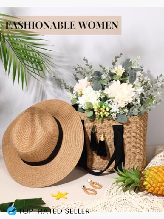 Straw Woven Bag and Rattan Hat Set Bohemian Summer Vacation Tote Handbag